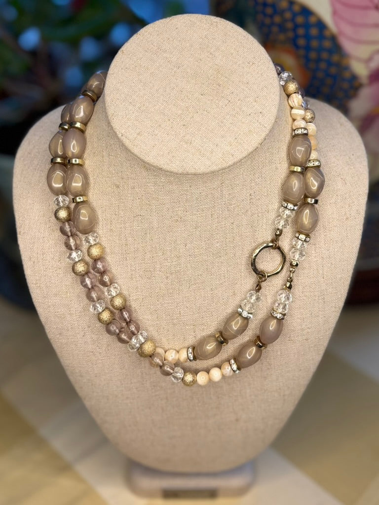 Vintage Long Lucite & Glass Bead Necklace – Taupe, Cream & Gold Accents