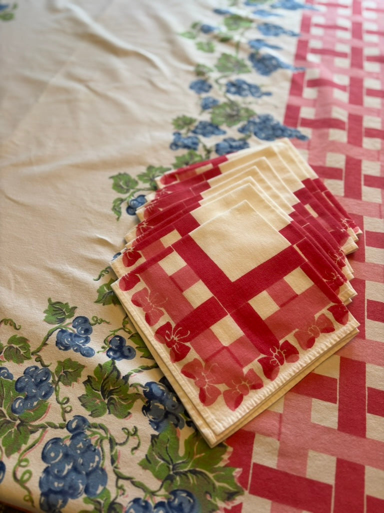 Vintage Tablecloth & Napkin Set | Red Lattice & Floral Border | Mid-Century Cotton | 56 x 72 with 8 Napkins