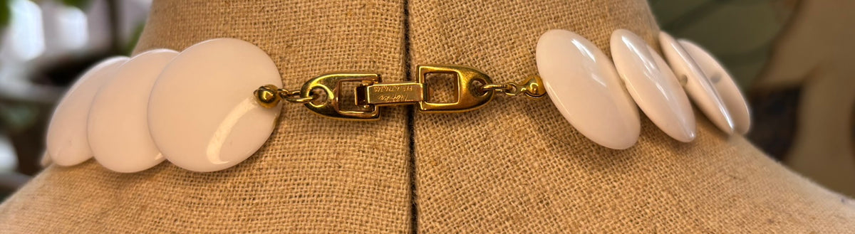 Vintage Napier White Lucite Disc Necklace with Gold Crescent Spacers