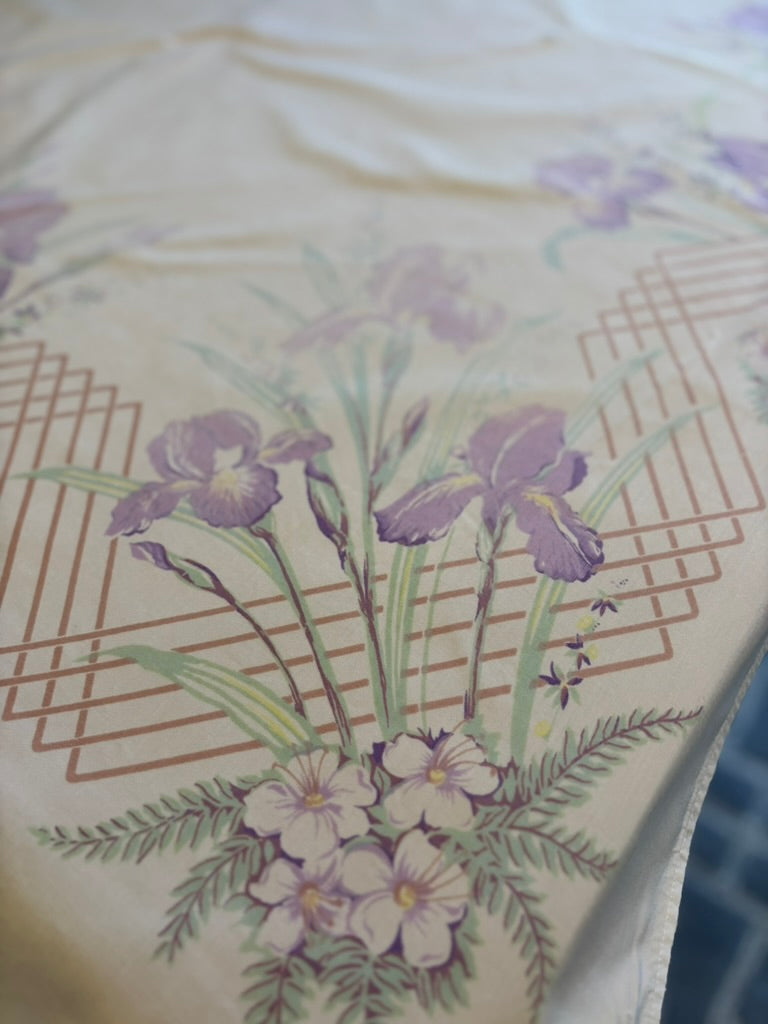 Vintage Floral Tablecloth | Purple Iris & Lattice Border | Mid-Century Cotton Blend | 45 x 52