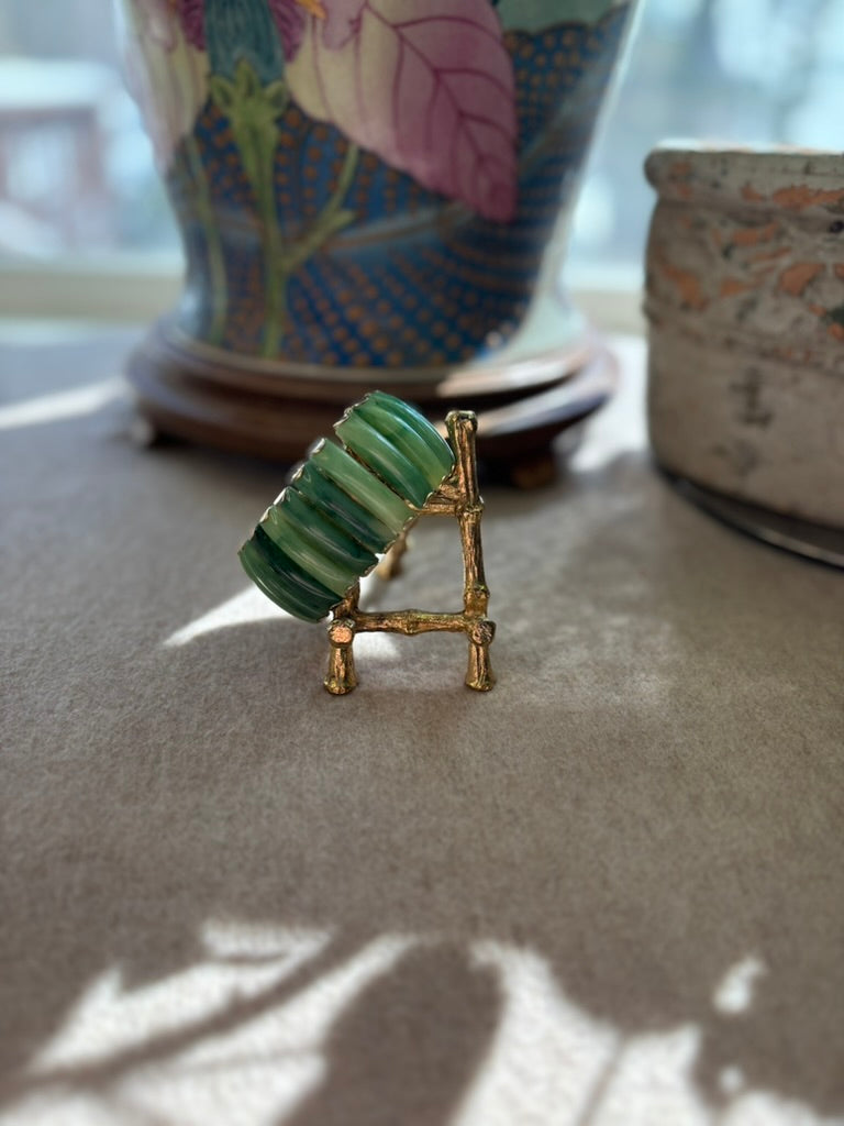 Vintage Hong Kong Jade-Look Lucite Link Bracelet | Mid-Century Gold Tone Statement