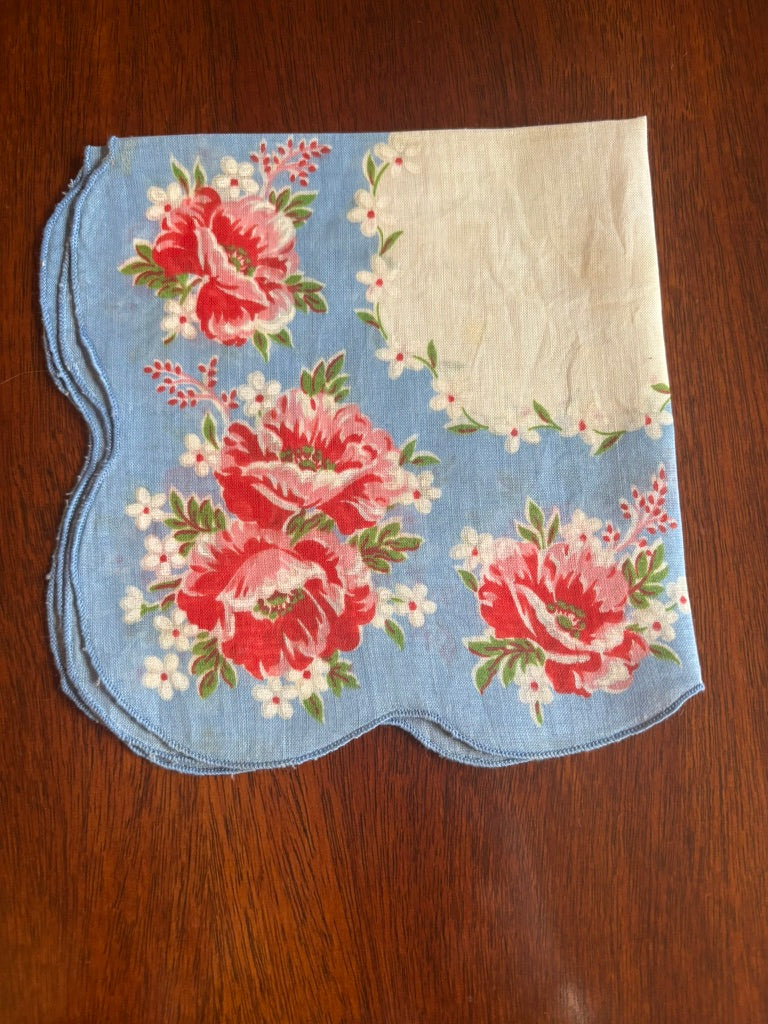 Vintage Handkerchief & Small Napkin Set (4) | Floral Prints & Crocheted Edge | Mid-Century Cotton & Linen