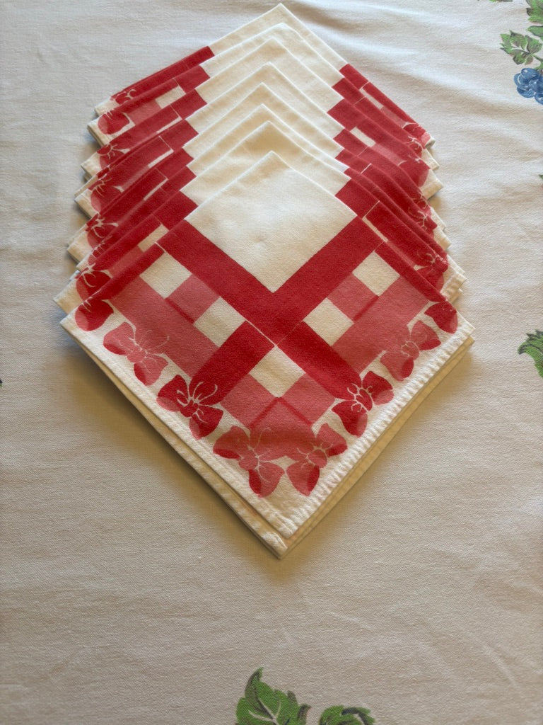 Vintage Tablecloth & Napkin Set | Red Lattice & Floral Border | Mid-Century Cotton | 56 x 72 with 8 Napkins
