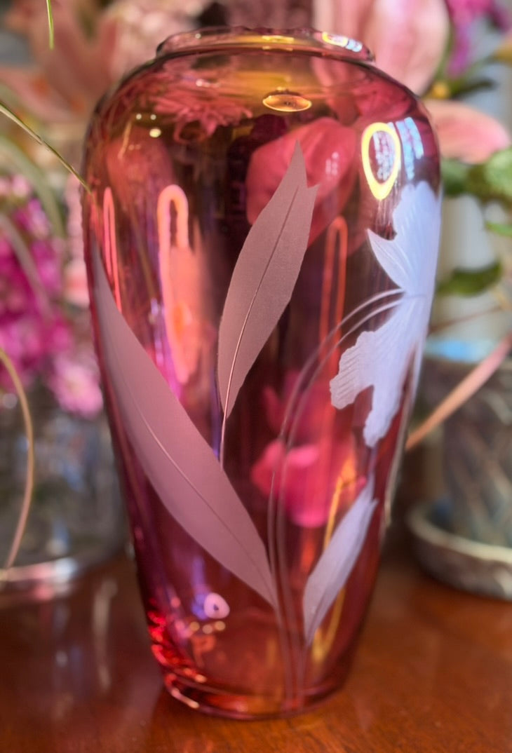 Vintage Cranberry Glass Iris Etched Vase | Ruby Art Glass Floral Vase | 11” Tall