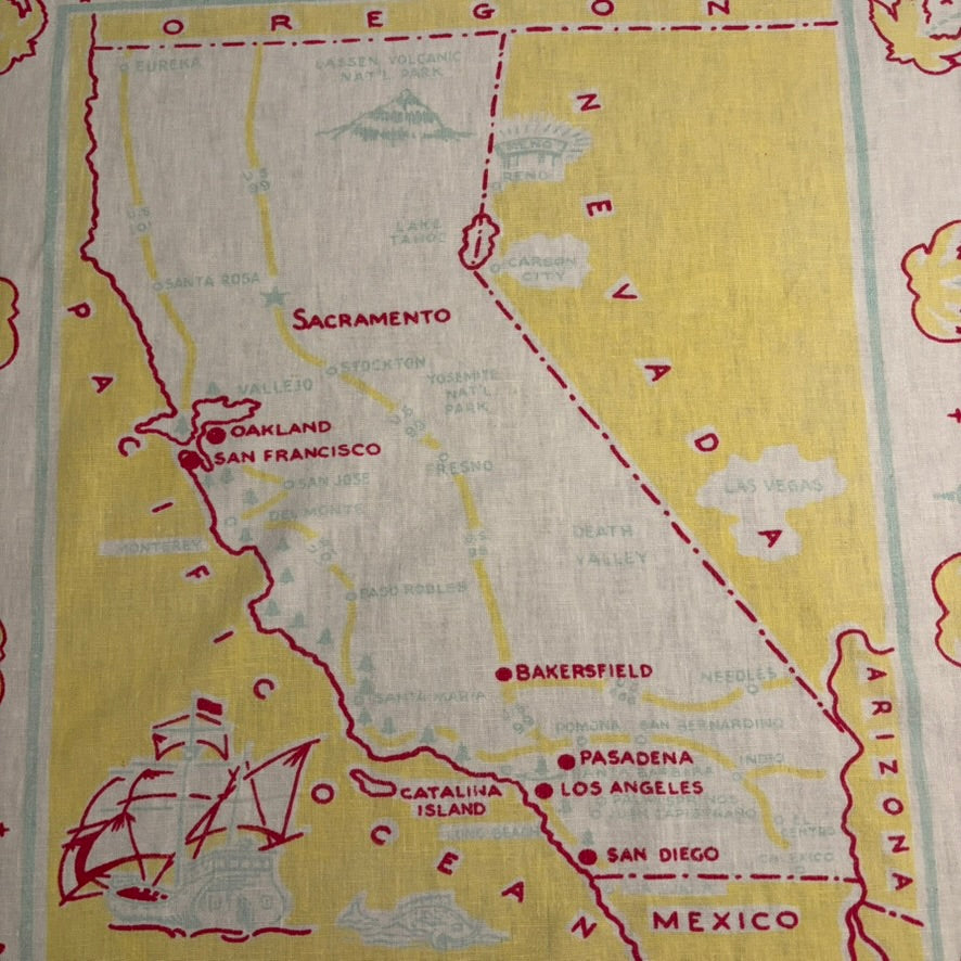 Vintage California Map Tablecloth | Mid-Century West Coast Souvenir Linen in Pink, Butter Yellow & Aqua | 58 x 50