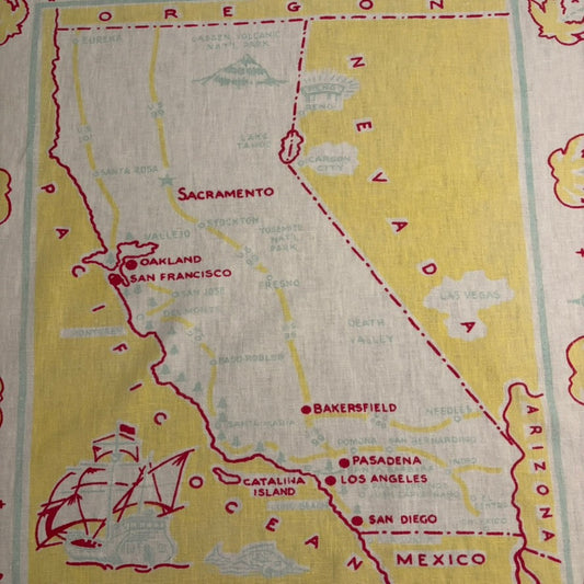Vintage California Map Tablecloth | Mid-Century West Coast Souvenir Linen in Pink, Butter Yellow & Aqua | 58 x 50