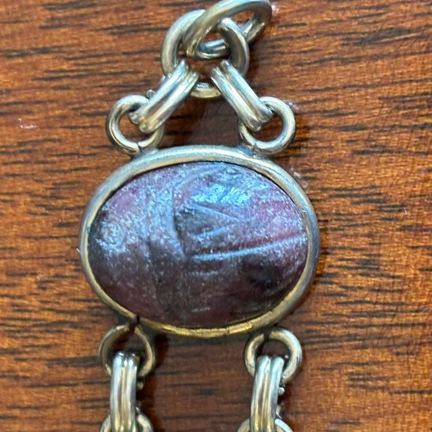 Vintage Egyptian Revival Scarab Bracelet Mixed Stone Cabochons Gold Tone 7”