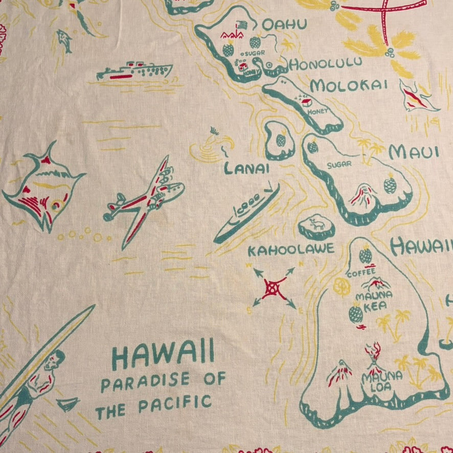Vintage Hawaii “Paradise of the Pacific” Tablecloth | Mid-Century Island Map Print Linen