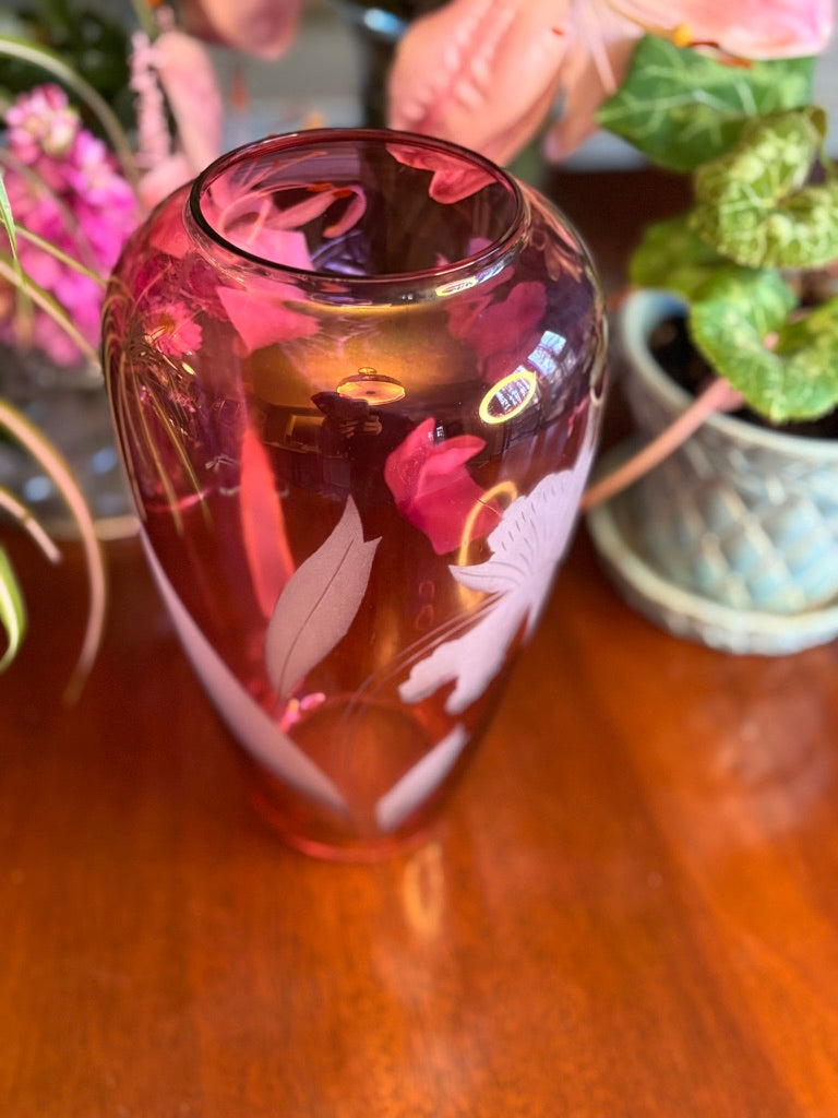 Vintage Cranberry Glass Iris Etched Vase | Ruby Art Glass Floral Vase | 11” Tall
