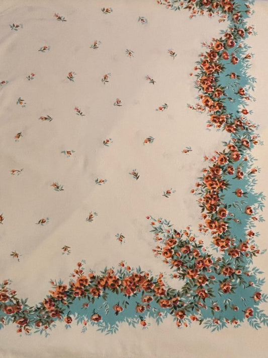 Vintage Floral Tablecloth | Turquoise Ribbon Garland with Coral Roses | Mid-Century Cottage Style | 52 x 60