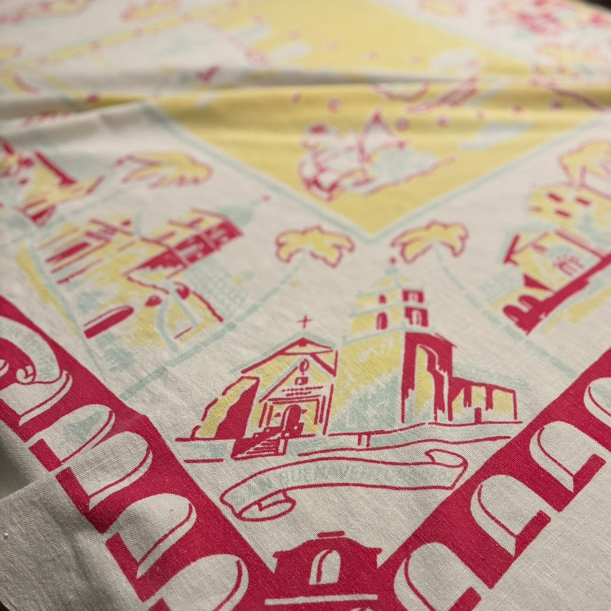 Vintage California Map Tablecloth | Mid-Century West Coast Souvenir Linen in Pink, Butter Yellow & Aqua | 58 x 50