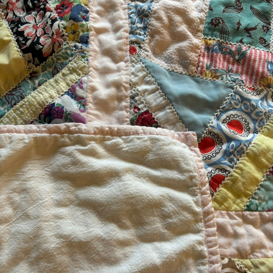 Vintage Cradle Quilt | Patchwork Feedsack Florals & Pastels | Handcrafted Cotton | 23" x 34.5"