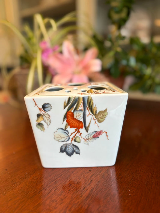 Vintage Porcelain Flower Frog Vase – Hand Painted Botanical Cube Posy Holder – Ikebana Floral Arranging Block