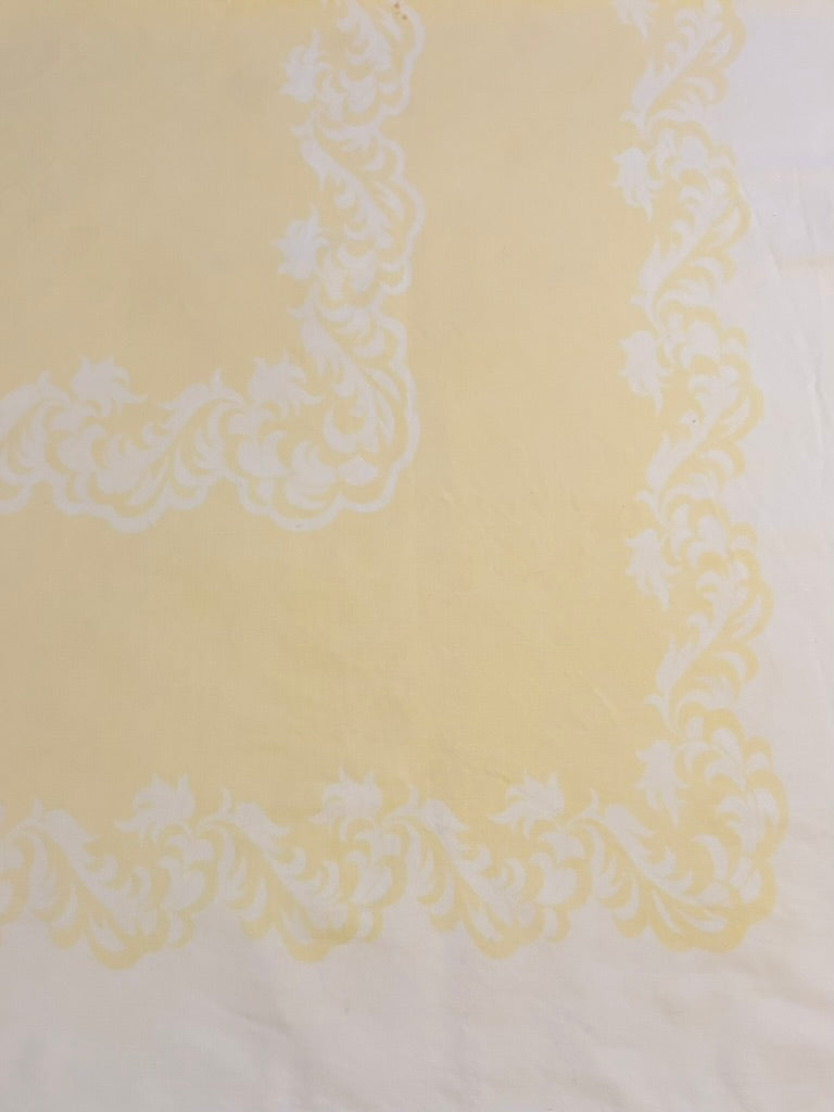 Vintage Pale Yellow Damask Tablecloth | Soft Washed Cotton Blend | Tonal Scroll Border | 48 x 52