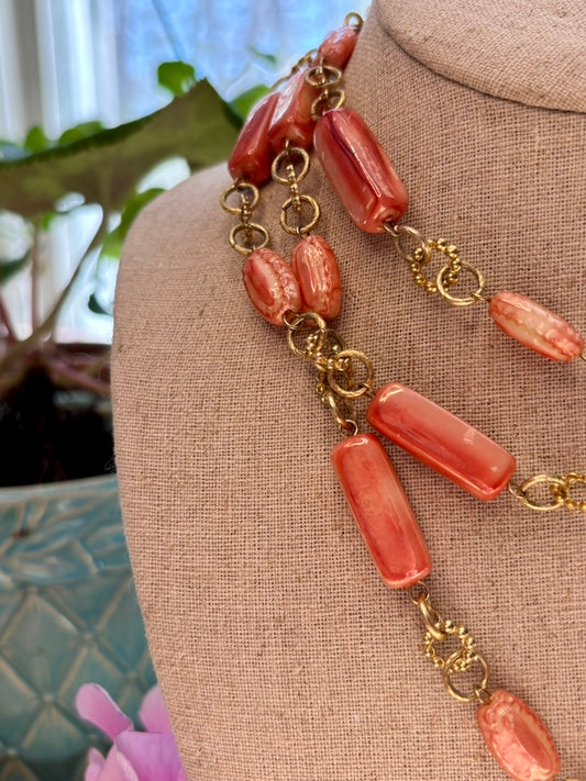 Vintage Mid-Century Faux Coral Resin Endless Station Necklace
