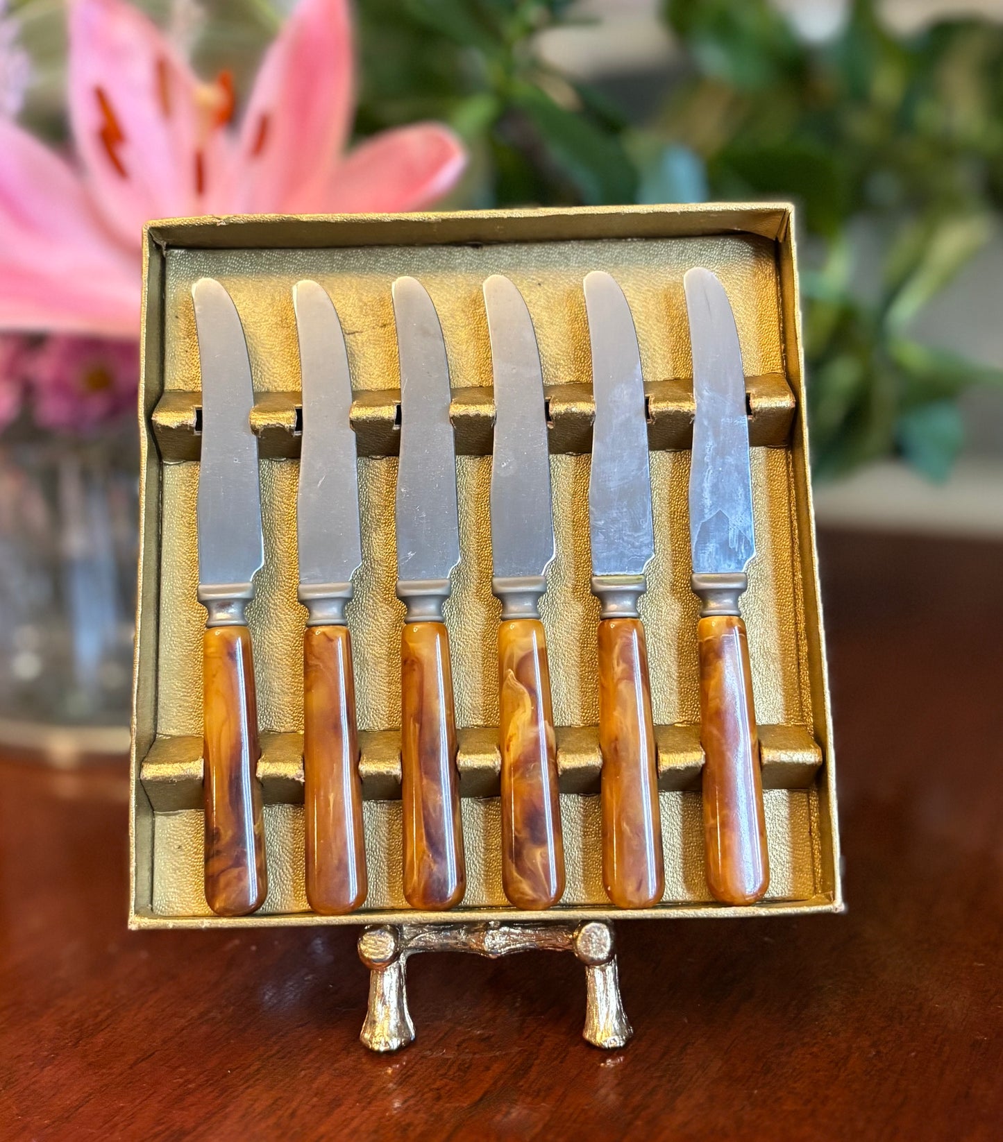 Vintage “Dinkee” Knife Set in Original Box | Mid-Century Butter & Fruit Spreaders | Marbled Bakelite Handles (Set of 6)