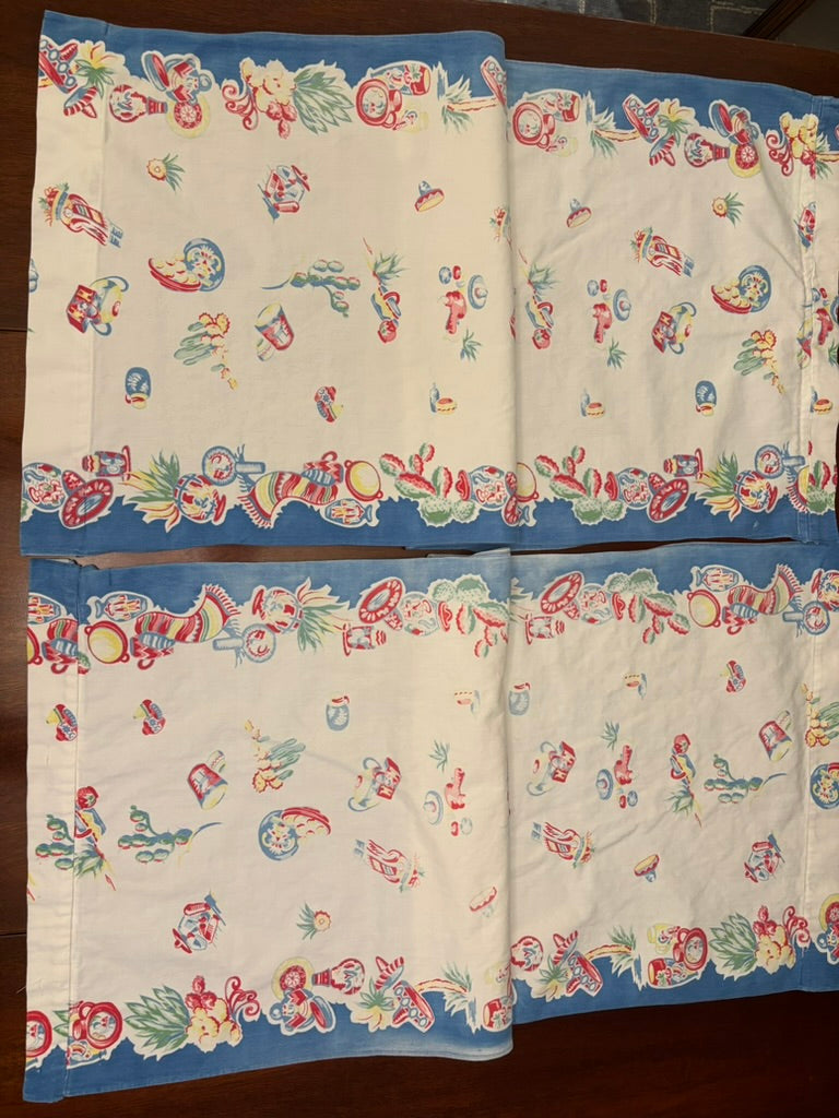 Vintage Western Americana Textile Bundle | Rodeo Panel + Southwestern Café Curtains | Mid-Century Novelty Cotton Set