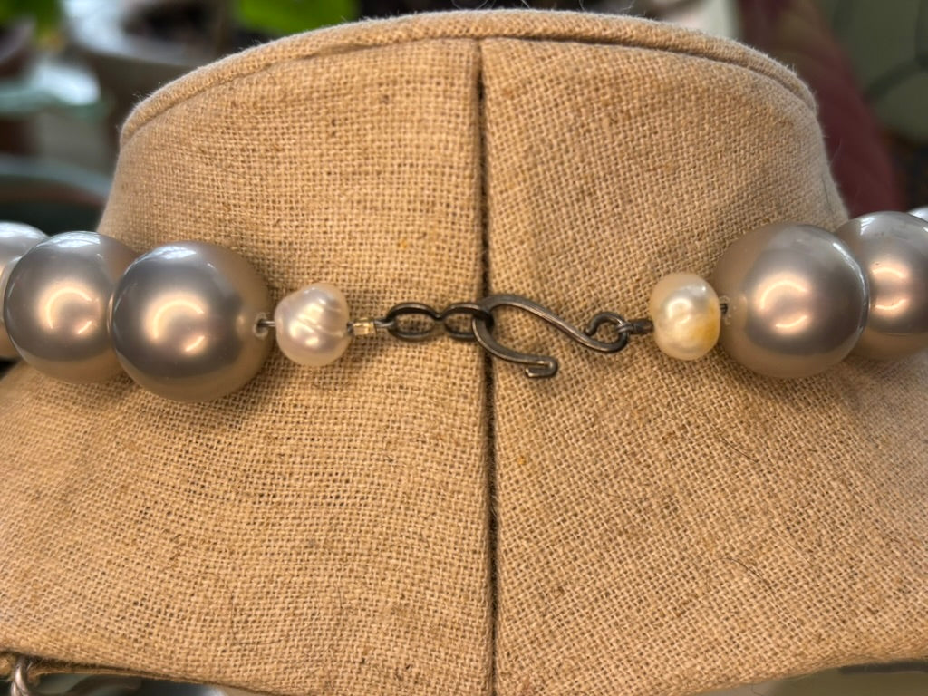 Grey Glass Pearl Statement Necklace with Abalone Shell Donut Pendant