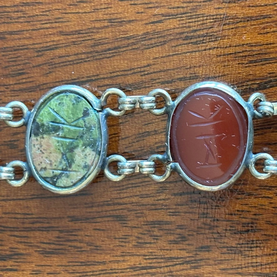 Vintage Egyptian Revival Scarab Bracelet Mixed Stone Cabochons Gold Tone 7”