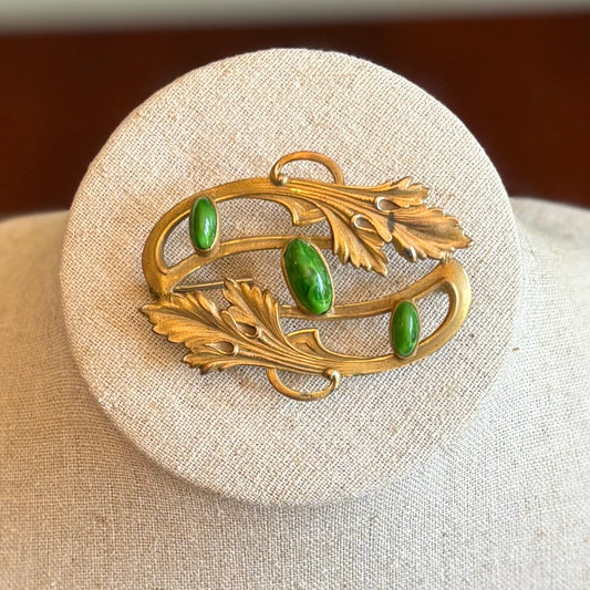 Vintage Art Nouveau Revival Brooch Pin | Green Glass Cabochons | Gilt Brass Botanical Design | 1930s 1940s