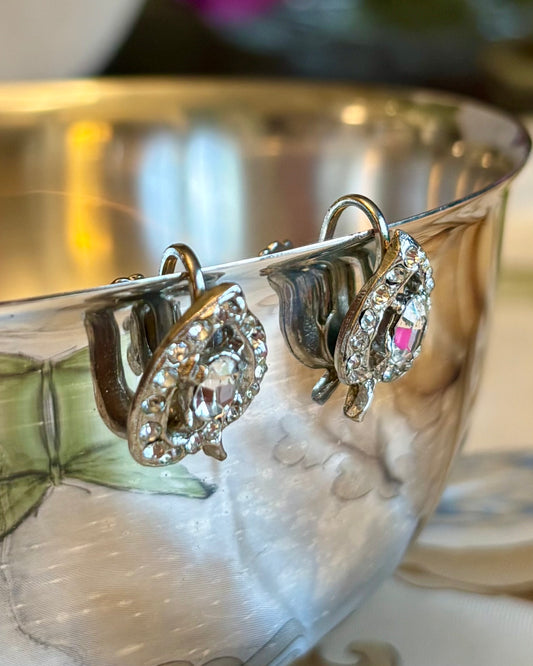 Vintage 1950s Rhinestone Screw Back Earrings | Petite Silver Tone Mid-Century Sparkle