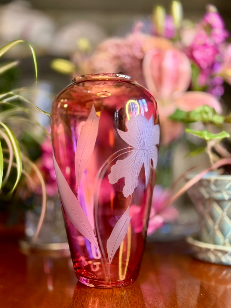 Vintage Cranberry Glass Iris Etched Vase | Ruby Art Glass Floral Vase | 11” Tall