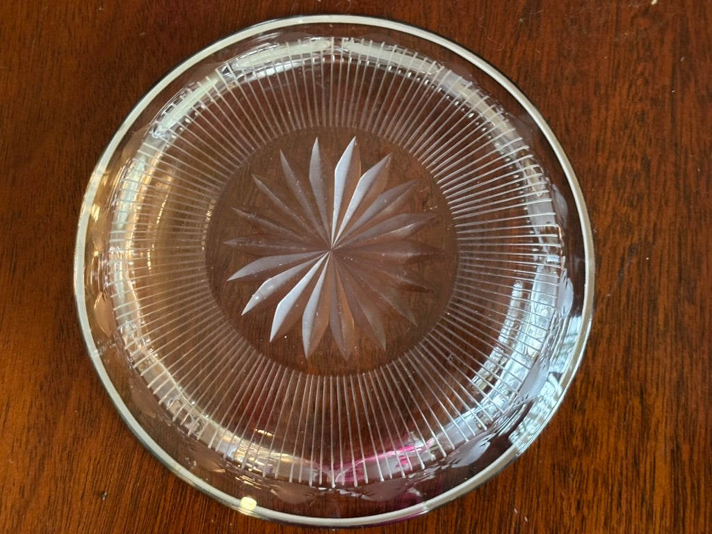Vintage Cut Crystal Wine Coaster with Silverplate Rim • Starburst Base • 5.25” Elegant Barware