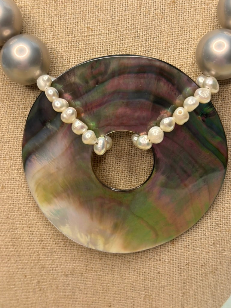 Grey Glass Pearl Statement Necklace with Abalone Shell Donut Pendant