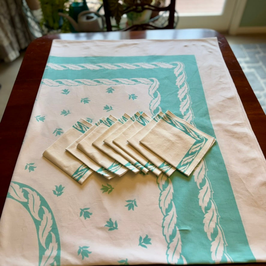 Vintage Mid-Century Teal Laurel Wreath Tablecloth Set | Graphic Border Cloth with 8 Matching Napkins