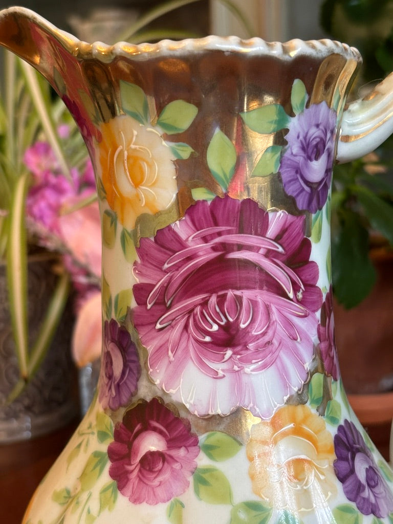 Antique Hand-Painted Porcelain Chocolate Pot • Floral Gilt European Decor • 11” Tall