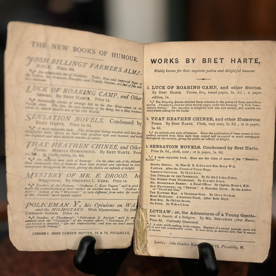 Antique 1871 Bret Harte Lothaw | John Camden Hotten London | Victorian Paperbound Satire Booklet