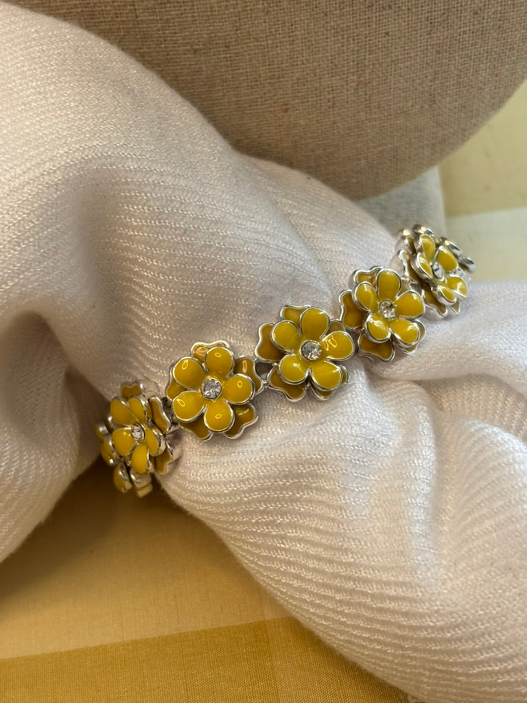 Vintage Yellow Enamel Floral Jewelry Set | Necklace, Bracelet & Earrings | Mid-Century Rhinestone Parure