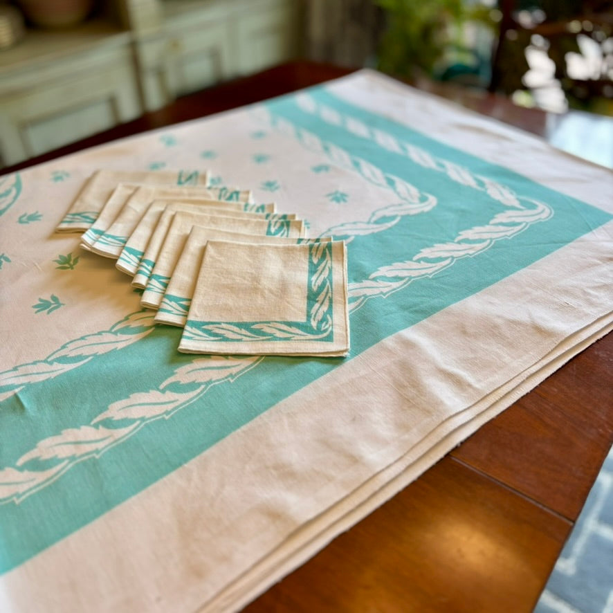 Vintage Mid-Century Teal Laurel Wreath Tablecloth Set | Graphic Border Cloth with 8 Matching Napkins