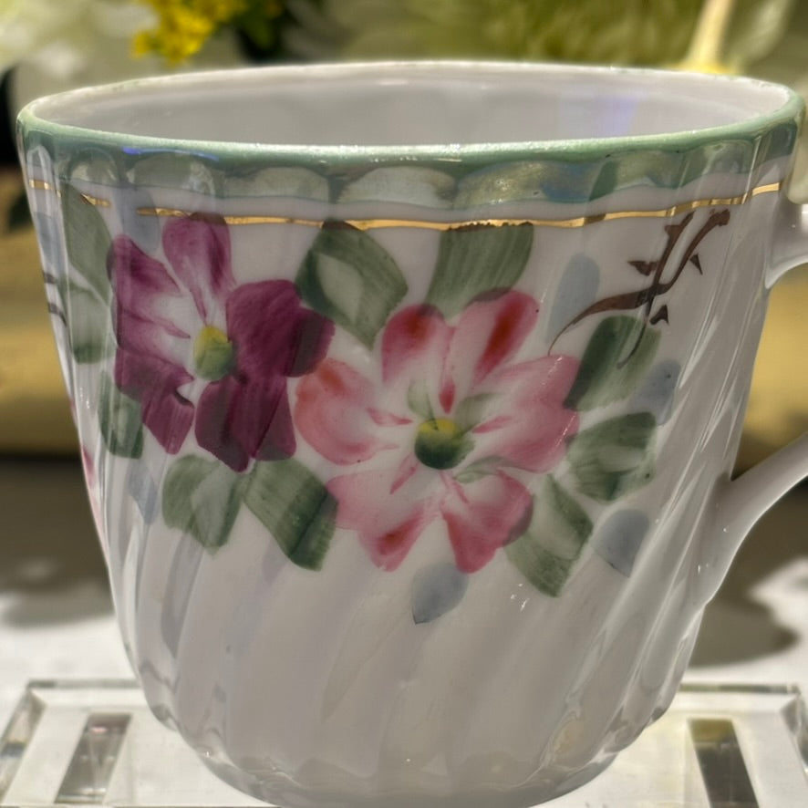 Vintage Japanese Hand-Painted Floral Teacup & Saucer Set | Mid-Century Porcelain with Gold Trim $28