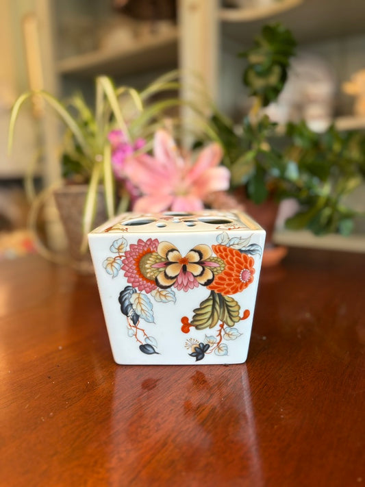 Vintage Porcelain Flower Frog Vase – Hand Painted Botanical Cube Posy Holder – Ikebana Floral Arranging Block