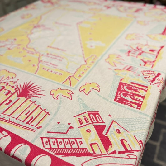 Vintage California Map Tablecloth | Mid-Century West Coast Souvenir Linen in Pink, Butter Yellow & Aqua | 58 x 50