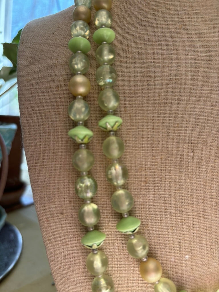 Vintage Mid-Century Double Strand Lucite Necklace – Celadon Green & Champagne Pearl Beads, Hong Kong