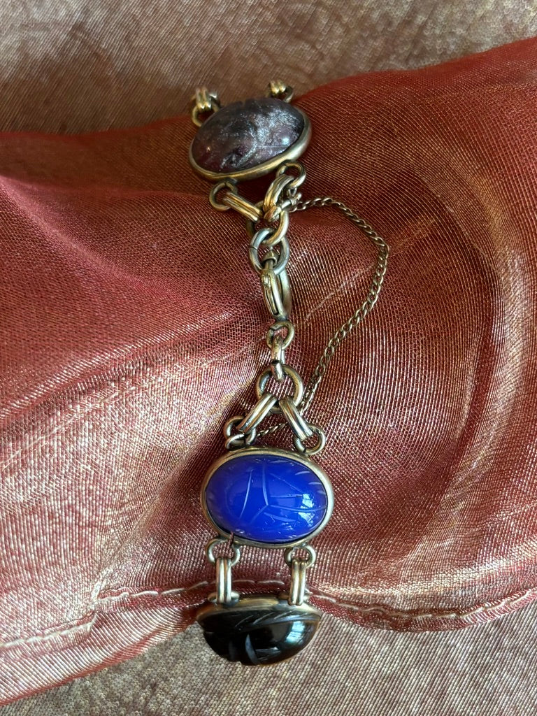 Vintage Egyptian Revival Scarab Bracelet Mixed Stone Cabochons Gold Tone 7”