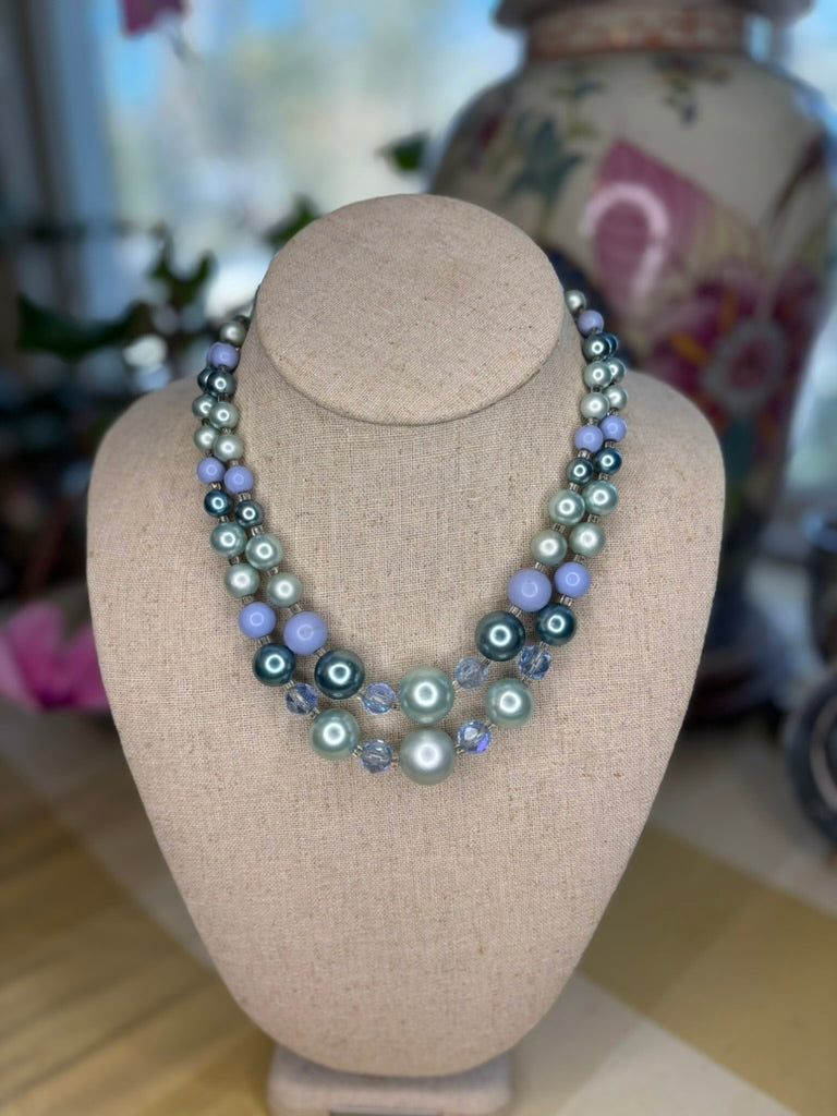 Vintage Japanese Double Strand Faux Pearl Necklace in Seafoam and Teal