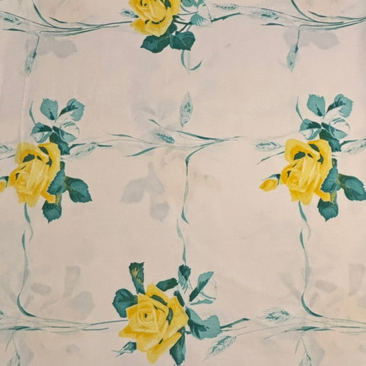 Vintage Floral Tablecloth | Yellow Rose Print on Cream Ground | Cottage Garden Style | 48 x 48