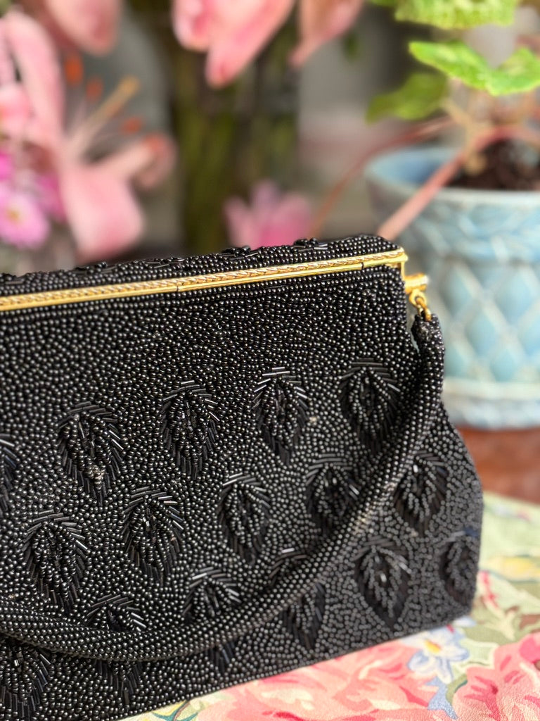 Vintage Black Glass Beaded Evening Bag | Leaf Motif | Gold Frame Top Handle | 1960s Cocktail Purse