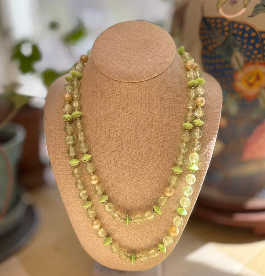 Vintage Mid-Century Double Strand Lucite Necklace – Celadon Green & Champagne Pearl Beads, Hong Kong