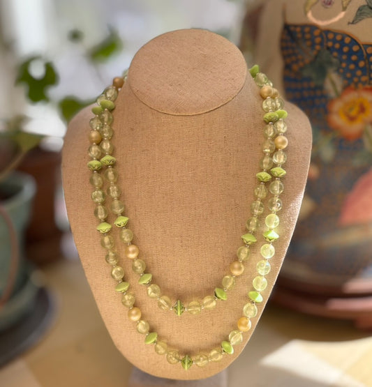 Vintage Mid-Century Double Strand Lucite Necklace – Celadon Green & Champagne Pearl Beads, Hong Kong