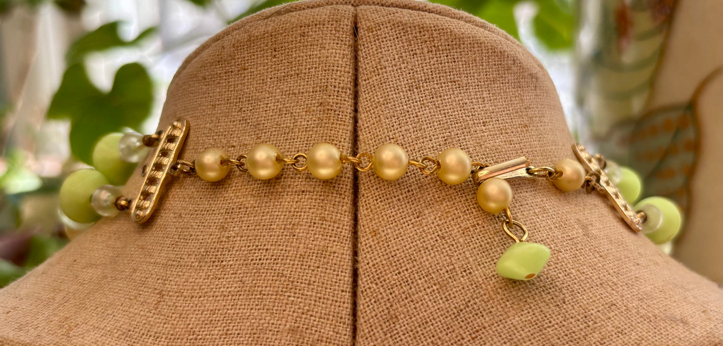 Vintage Mid-Century Double Strand Lucite Necklace – Celadon Green & Champagne Pearl Beads, Hong Kong