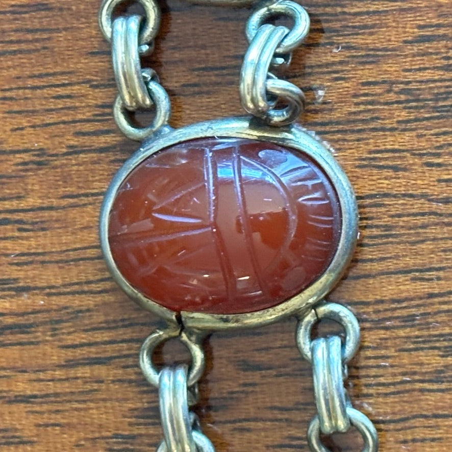 Vintage Egyptian Revival Scarab Bracelet Mixed Stone Cabochons Gold Tone 7”