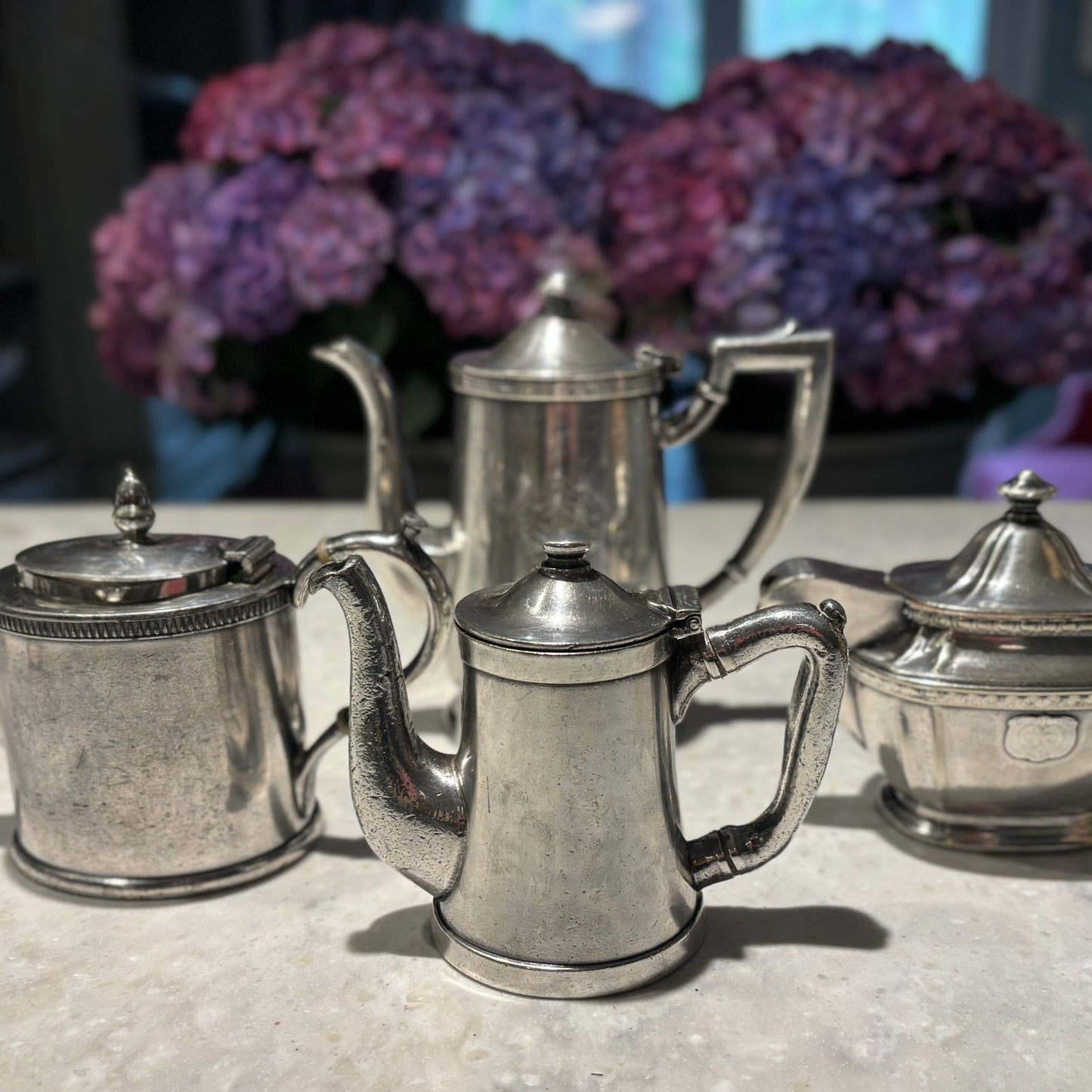 Vintage Hotel Silver Teapot Collection | The Plaza Hotel, Hotel Gotham, Gladstone & Wilcox | Set of 4