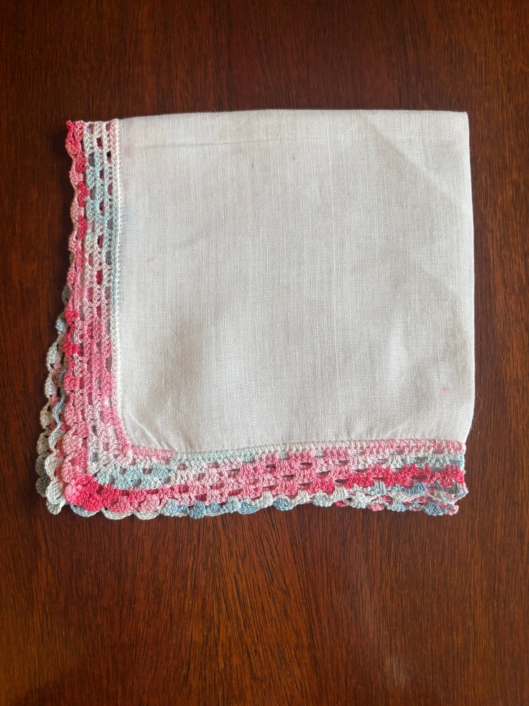 Vintage Handkerchief & Small Napkin Set (4) | Floral Prints & Crocheted Edge | Mid-Century Cotton & Linen