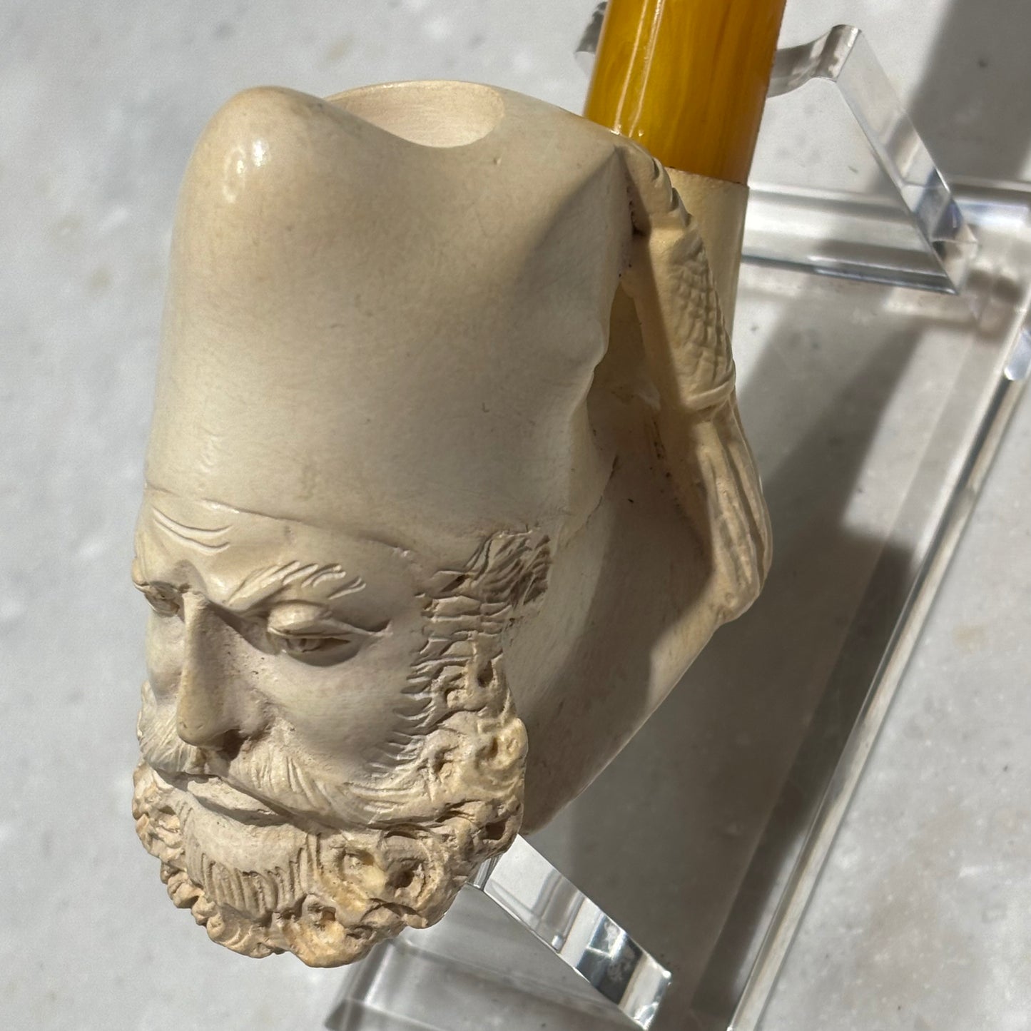 Vintage Turkish Block Meerschaum Figural Pipe Sultan Head 6" Unsmoked Look