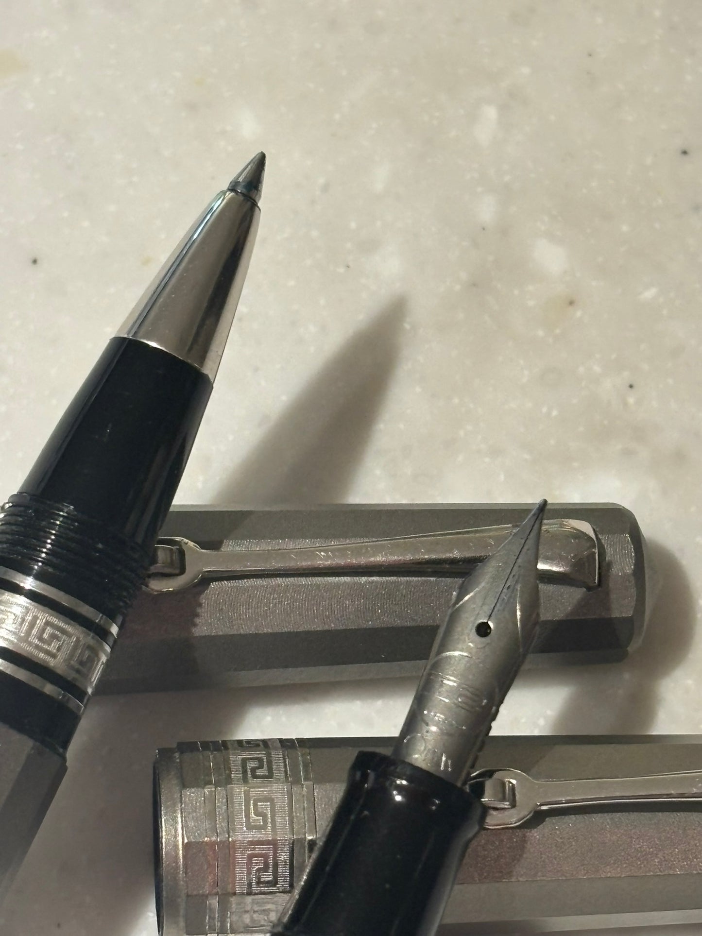 OMAS T2 Titanium Milord Fountain Pen & Rollerball Set, Fine Nib, Piston Filler, c. 1999–2000