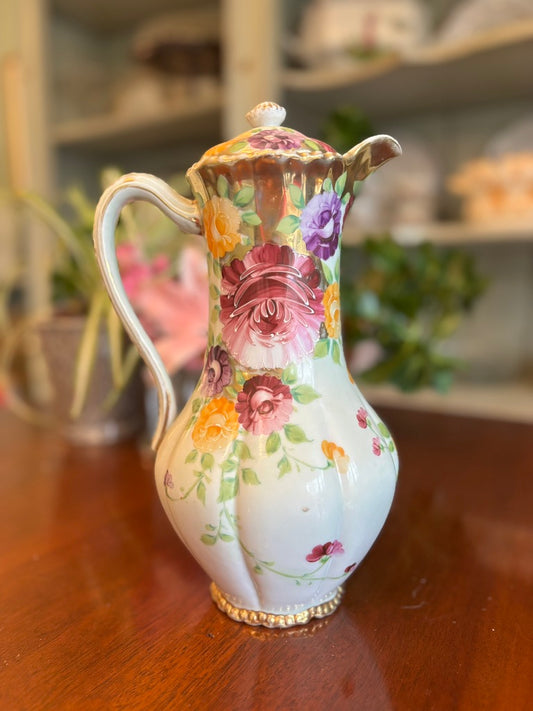 Antique Hand-Painted Porcelain Chocolate Pot • Floral Gilt European Decor • 11” Tall